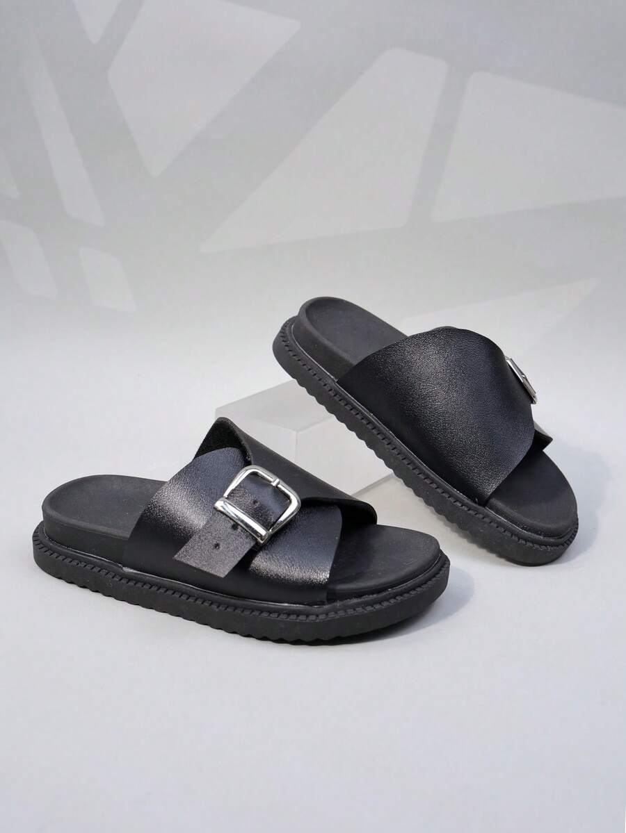 1 Pair Kids Adjustable Buckle Strap Slides | Unisex Toddler/ Little Kid Soft EVA Non-Slip Slippers | Minimalist Open-Toe Flat Sandals For Daily Home/Beach/Casual Wear - Black - View 1