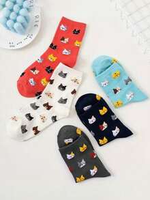 5双装女士休闲猫咪印花袜，可爱动物图案，舒适透气，百搭时尚，猫头组合，理想的礼物之选 - 彩色 - 查看 7