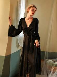 1pc Women's Satin Backless Long Sleeve Robe, Long Bathrobe Style Sleepwear - Multicolor - View 1