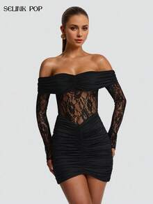 Solid Color Sexy Elegant Lace Backless Ruffle Lace Patchwork Beach Wedding Party Formal Evening Homecoming Dress - Black - View 2