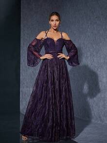 单肩吊带，刺绣蕾丝，长袖，前开衩，高端晚礼服。优雅连衣裙 - 紫色 - 查看 1