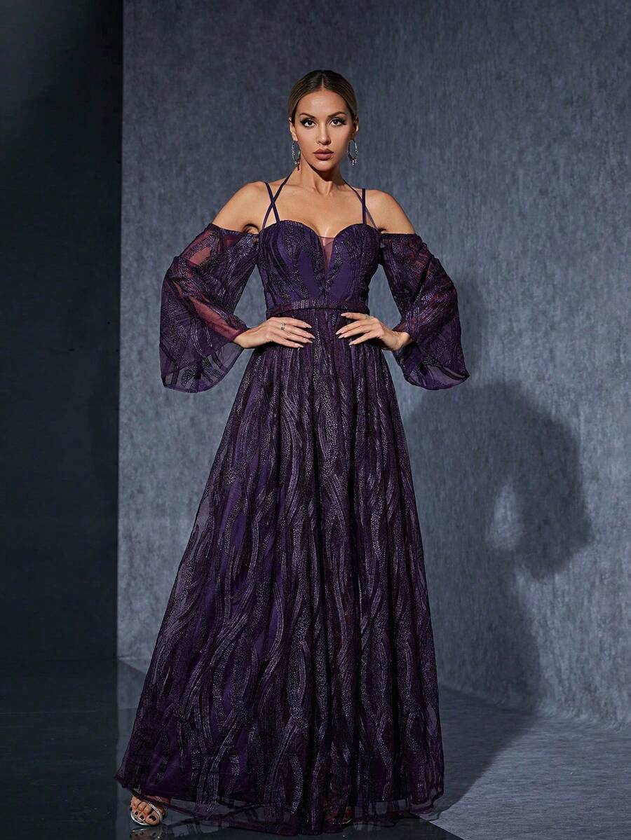 单肩吊带，刺绣蕾丝，长袖，前开衩，高端晚礼服。优雅连衣裙 - 紫色 - 查看 1