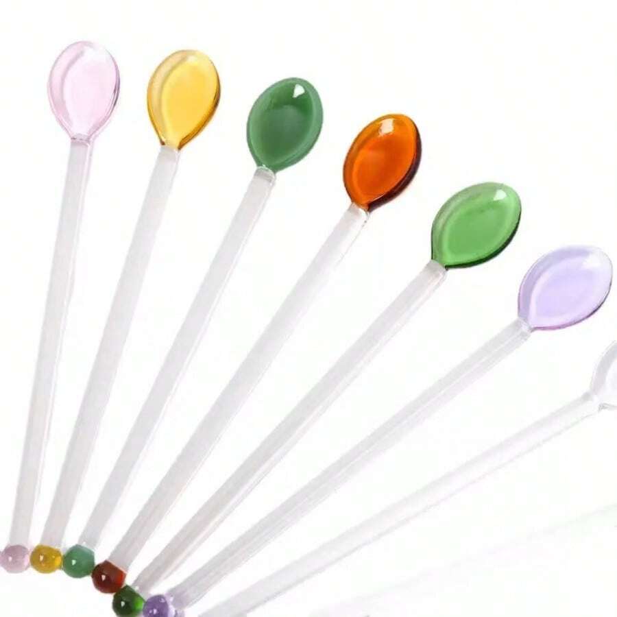 1 Stück hitzebeständiger Hochborsilikatglas Löffel, kreativ mit langem Griff für Saft, Kaffee, Milch Mischen, geeignet für Zuhause und Gastronomie - Verschiedenfarbig - Übersicht 1