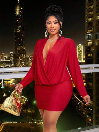 BIUBIU Vestido con escote profundo en V y drapeado, de tela elástica de punto rojo, adecuado para salidas diarias, citas y fiestas, atuendo para Navidad y Año Nuevo, talla grande para mujer