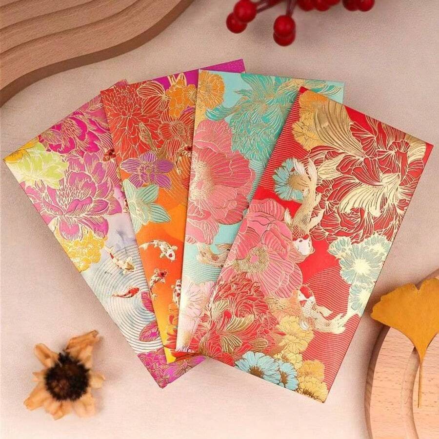Chinese New Year Red Floral Lantern Design Red Envelope For Lucky Money, Multi-Color Holiday Thank You Cards, Suitable For Weddings, Birthdays, Business Celebrations And Lunar New Year Gifts, Envelopes With Gold Accents - Multicolor - View 1