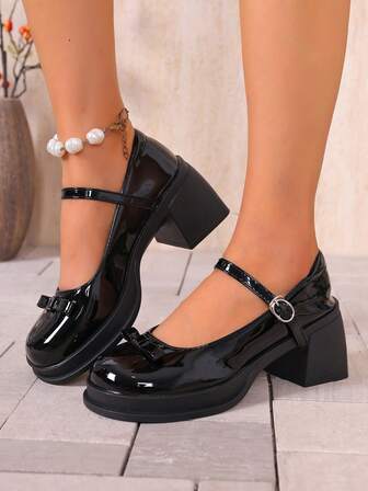 1 Pair Black Bow Mary Jane Shoes For Teenagers, Patent Leather, Thick Heels, Height Increasing Retro, Low Vamp, One-Strap College Style Small Leather Shoes