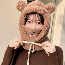 1pc Women's Solid Color Bear Face Mask, Waterproof, Casual, Cute, Elegant, Boho Fuzzy, New Warm Winter Design, Covers Face, Thick Thermal Lining, Multifunctional Ear Warmer Hat, Suitable For Daily Outings, Shopping, Skiing And Cycling - Multicolor - View 7
