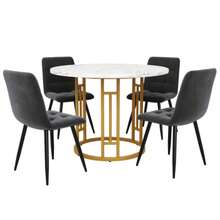 Esstisch-Set (5-teilig), Esstisch-Set mit 4 Stühlen, Modernes Küchen-Esstisch-Set, Runder Küchentisch mit 80 cm Durchmesser und goldenen Metallbeinen, MDF-Marmor-Tischplatte, Esszimmerstühle aus graue - Gris - Voir 1