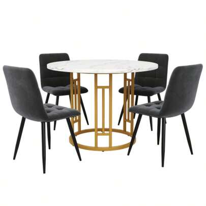 Esstisch-Set (5-Teilig), Esstisch-Set Mit 4 Stühlen, Modernes Küchen-Esstisch-Set, Runder Küchentisch Mit 80 Cm Durchmesser Und Goldenen Metallbeinen, MDF-Marmor-Tischplatte, Esszimmerstühle Aus Grau