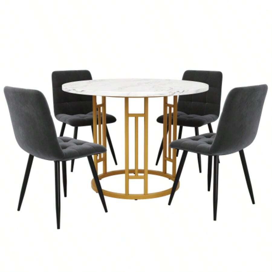 Esstisch-Set (5-teilig), Esstisch-Set mit 4 Stühlen, Modernes Küchen-Esstisch-Set, Runder Küchentisch mit 80 cm Durchmesser und goldenen Metallbeinen, MDF-Marmor-Tischplatte, Esszimmerstühle aus graue - Gris - Voir 1
