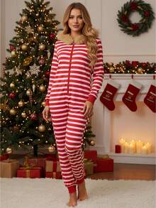 Women's Striped Hooded Jumpsuit Pajama Front Zip Up Bodysuit Fashionable Long Sleeve Slim Fit Soft Loungewear - 紅色 - 查看 1