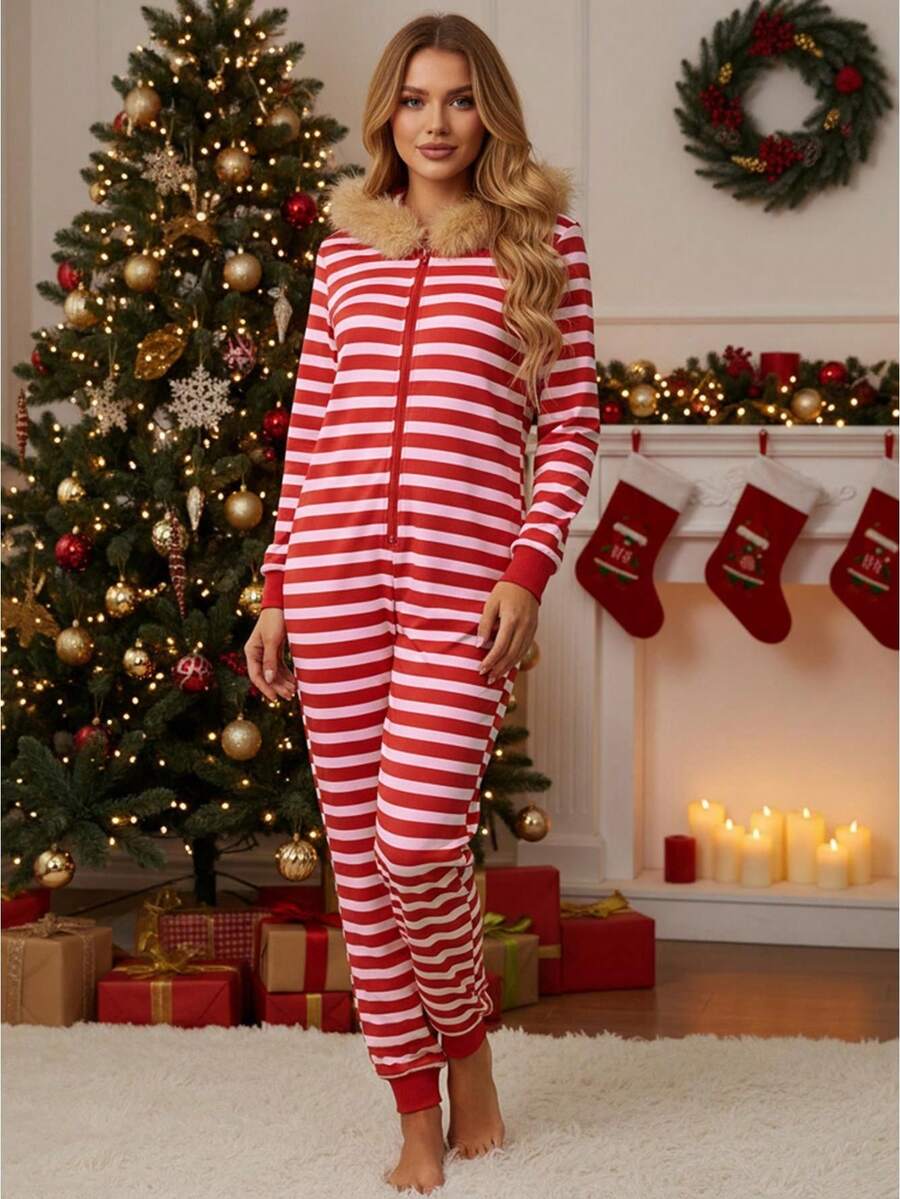 Women's Striped Hooded Jumpsuit Pajama Front Zip Up Bodysuit Fashionable Long Sleeve Slim Fit Soft Loungewear - 紅色 - 查看 1