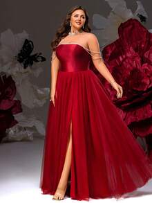 VIPGIRL 大码红色无肩带薄纱舞会礼服，奢华高开衩珍珠点缀舞会长裙，优雅正式晚礼服，梦幻公主派对礼服，童话礼服，奢华礼服，派对礼服 - 酒紅色 - 查看 5