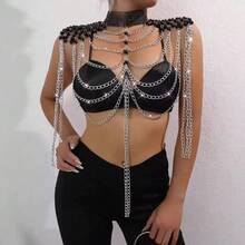 DEKUNER 1pc Gothic Style Sexy Black Spaghetti Strap Metal Tassel Chain Body Chain, Luxury Shoulder Chain, Fashion Queen Party Outfit - Black - View 1
