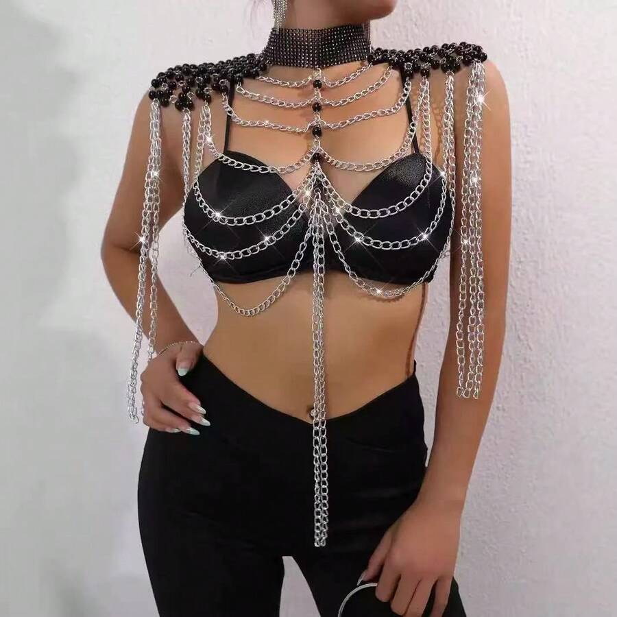 DEKUNER 1pc Gothic Style Sexy Black Spaghetti Strap Metal Tassel Chain Body Chain, Luxury Shoulder Chain, Fashion Queen Party Outfit - Black - View 1