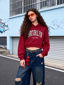 Sudadera corta con capucha y cordón con estampado de letras - Rojo - Ver 2