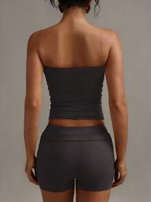 XLLAIS Áo tank top crop không dây gợi cảm, áo bra yoga ôm sát màu trơn thời trang, kiểu dáng casual mùa hè. - Màu xám đen - Xem 5