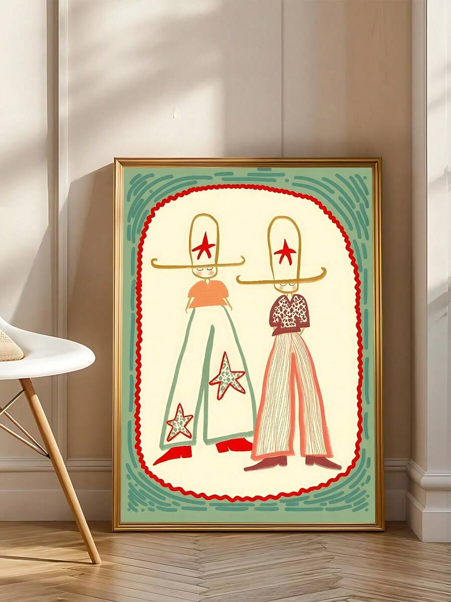 1pc Cowboys Illustration Print, Southwestern Western Decor, Abstract Botanical Wall Art,Mid Century Modern Floral Print Retro Minimalist Burnt Orange Teal Canvas Painting, Festival Gifts,Bedroom Decor, Living Room Decor, Office Decor, Kitchen Decor, Wall Arts, Wall Decor, Home Decor, Room Decor, Canvas Wall Art, Posters, Wall Art With Frame, Optional Frame - Multicolor - View 1