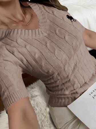 Camiseta de punto de manga corta para mujer, casual, elegante, versátil, ajustada, adecuada para verano, otoño, invierno, trabajo, viajes, vacaciones