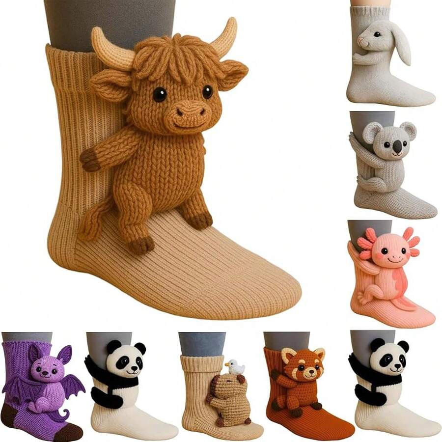 Calcetines de animales para mujer, calcetines divertidos con abrazos de animales, hechos a mano a ganchillo, calcetines cálidos, regalos de calcetines largos - #08 - Ver 1