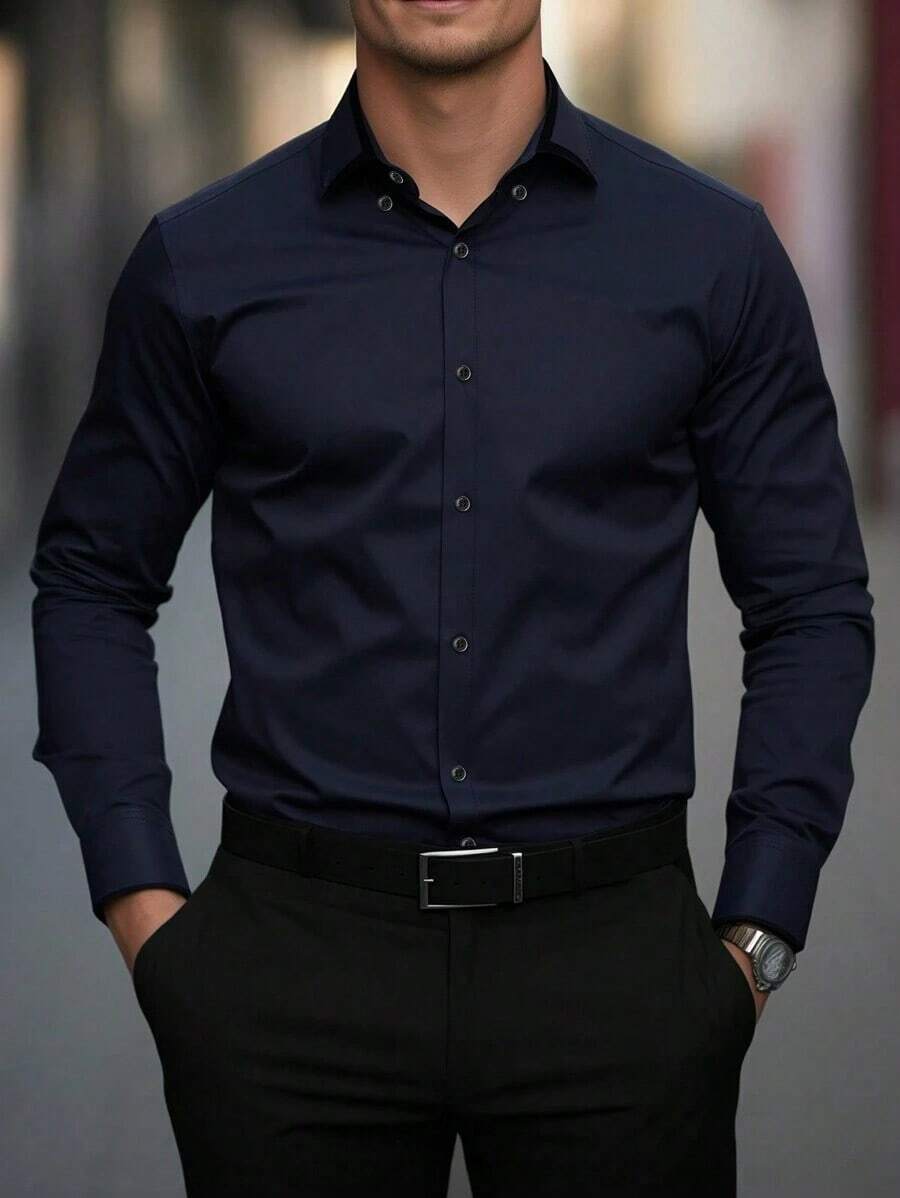 Modern Long-Sleeved Dress Shirt - Navy Blue - View 1