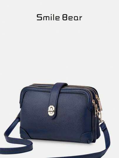 New Fashion Dual Zipper Crossbody Bag, Women's Navy Blue Small Shoulder Bag, Quality Faux Leather With Gold-Tone Hardware And Adjustable Strap, Lightweight Casual Everyday Bag Fits Phone, Wallet, Keys, Stylish Travel Mini Tote
