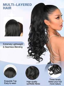 22英寸抽绳马尾假发，长款层次感卷曲波浪马尾假发，柔软合成纤维马尾，自然逼真，女士适用 - 彩色 - 查看 4