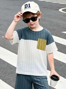 两件套幼儿男童夏季短袖T恤和短裤套装，罗纹面料，撞色设计，宽松版型，舒适休闲，适合上学、日常穿着和周末外出。 - 霧霾藍 - 查看 5