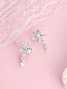 1 Pair Fashionable Petite Sparkling Star Stud Earrings For Women, Suitable For Daily Wear - Silver - View 6