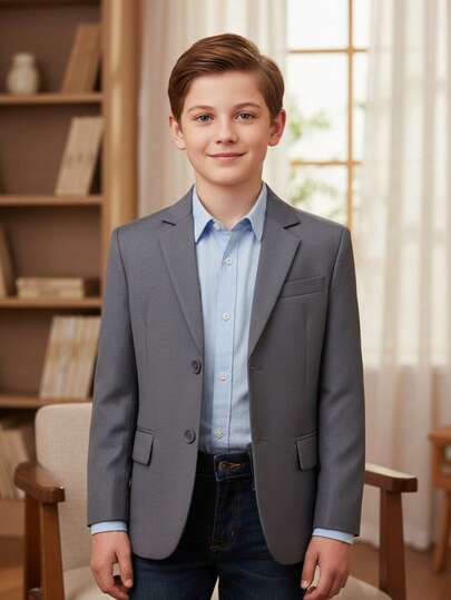 Boys' Formal Blazer Jacket, Button-Up Lapel Suit, Grey, Size 10-16 Years