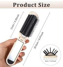 Foldable Hair Brush, Travel Brush For Women, Travel Hair Brushes For Women Men Folding Hair Brushwith Removable Mirror Pocket Comb, Beige - 白色 - 查看 3