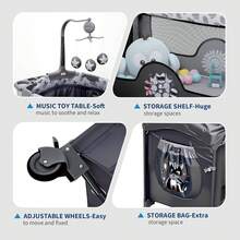 4 en 1 Pack and Play Cuna de bebé portátil para dormir junto a la cama con puerta cremallera, mesa de cambio de bebé, ruedas de bloqueo, almacenamiento inferior y barra de juguetes para niños pequeños, gris - Gris Oscuro - Ver 5
