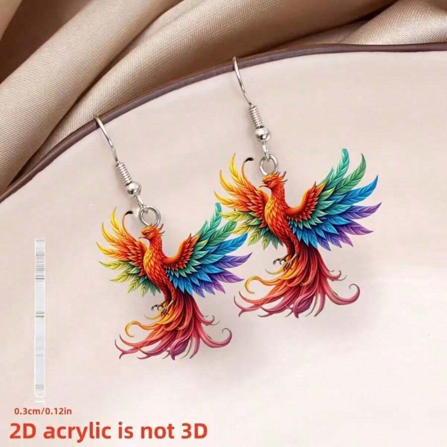 2D Flat, A Pair Of Acrylic Earrings Featuring A Phoenix Design - - Multicolor - Ver 1