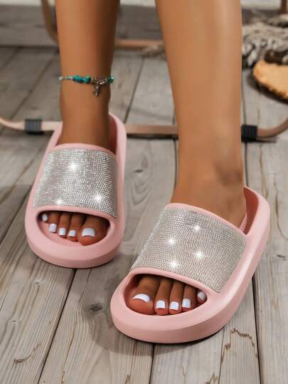 青少年时尚水钻装饰套脚凉鞋，女童休闲舒适圆头厚底防滑室内/室外露趾拖鞋