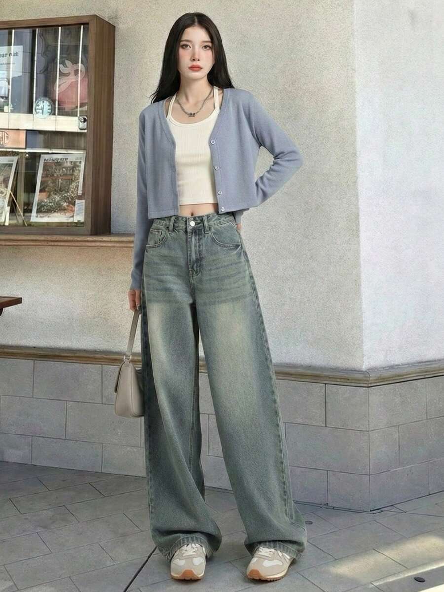 YEAE | Retro A-Line Wide Leg Jeans, New Pear-Shaped Slimming Loose Draping Relaxed Maxi Pants - Medium Wash - View 1