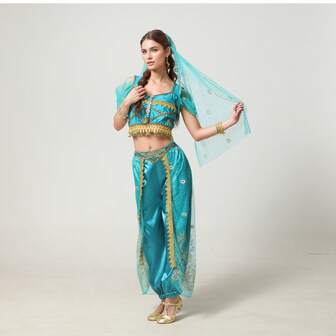 Halloween Performance Costume Jasmine Princess Belly Dance Exotic Style Women's Western Dancer Performance Set, Includes Pants + Top + Headscarf & Accessories + Face Veil + Bracelet