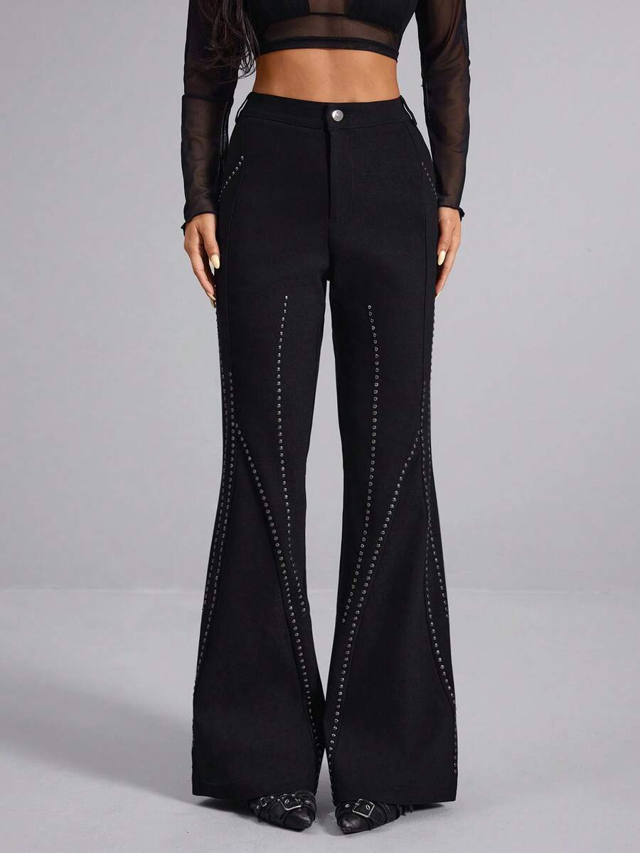 女士黑色喇叭裤，Y2K暗黑朋克风格，饰有水钻，性感哥特风黑色喇叭裤，适合日常穿着、通勤、上学、旅行、街头穿搭、音乐节、嘉年华等场合。 - 黑色 - 查看 1