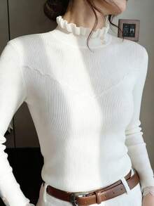 女士蕾丝拼接高领针织衫，修身设计，高端叠穿上衣，秋冬款 - 杏色 - 查看 5