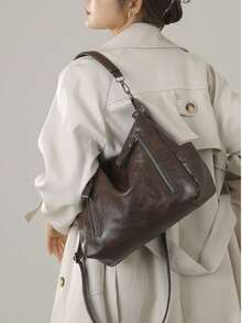 女士单肩包/手提包/斜挎包/托特包，大号斜挎包，多口袋托特包，防水单肩包，带可调节肩带 - 咖啡 - 查看 8