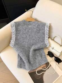 Áo khoác cardigan dáng midi không tay cổ tròn ren cỡ lớn, thích hợp cho du lịch ngoài trời, vui chơi, chụp ảnh, ăn trưa và các dịp khác, món đồ thiết yếu cho phụ nữ. - Xám - Xem 5