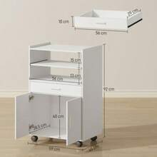 Mikrovågsskåp, hylla, skåp med dubbeldörr, låda, hjul, vit - Vitt - Visa 2