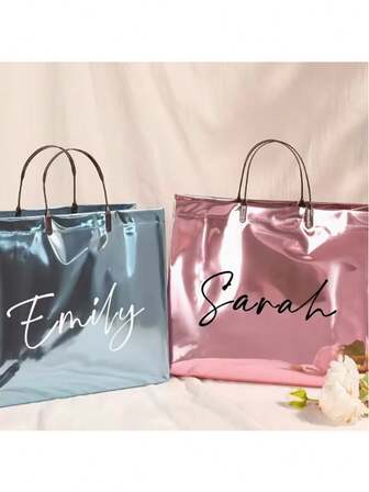 Personalized Holographic Gift Bag, Customizable Name/Text - Multi-Color Shiny Pink/Purple/Blue/Green/Teal - Suitable For Weddings, Birthdays, Parties, Etc. - Plastic Tote Bag With Name Tag