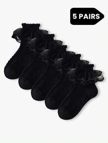 5 Pairs Girls' Black Ruffle Edge Mesh Breathable Socks, Princess Socks For School, Dance, Birthday Gift, Spring/Summer - Black - View 8