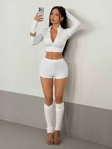Bộ đồ 2 mảnh AITYI Studio dành cho nữ, áo khoác cardigan có khóa kéo và quần short vừa vặn, thời trang, gợi cảm, thoải mái, ôm sát, sang trọng, đa năng cho đường phố, hoạt động ngoài trời, thể thao, phong cách Y2K, lễ tốt nghiệp, năm mới, ngày Valentine, mùa xuân/thu. - trắng - Xem 4