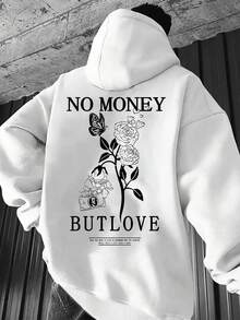 Loose Fit Men's Floral Print Slogan Hoodie Sweatshirt, Long Sleeve Top - Negro - Ver 9
