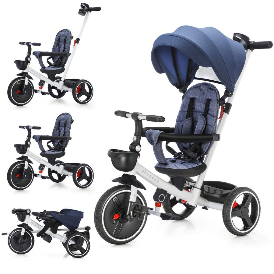 UBRAVOO Baby Tricycle Foldable With Adjustable Parent Handle, Safety Harness, Wheel Brakes And Removable Canopy, Stroller Bike Gift For Toddlers 10-60 Months - Blue - View 1