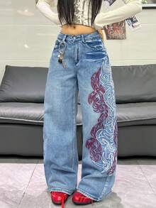 1件装女士宽松刺绣阔腿牛仔裤，舒适休闲高街时尚裤装（不含腰带/配饰）度假春季 - 藍色 - 查看 2