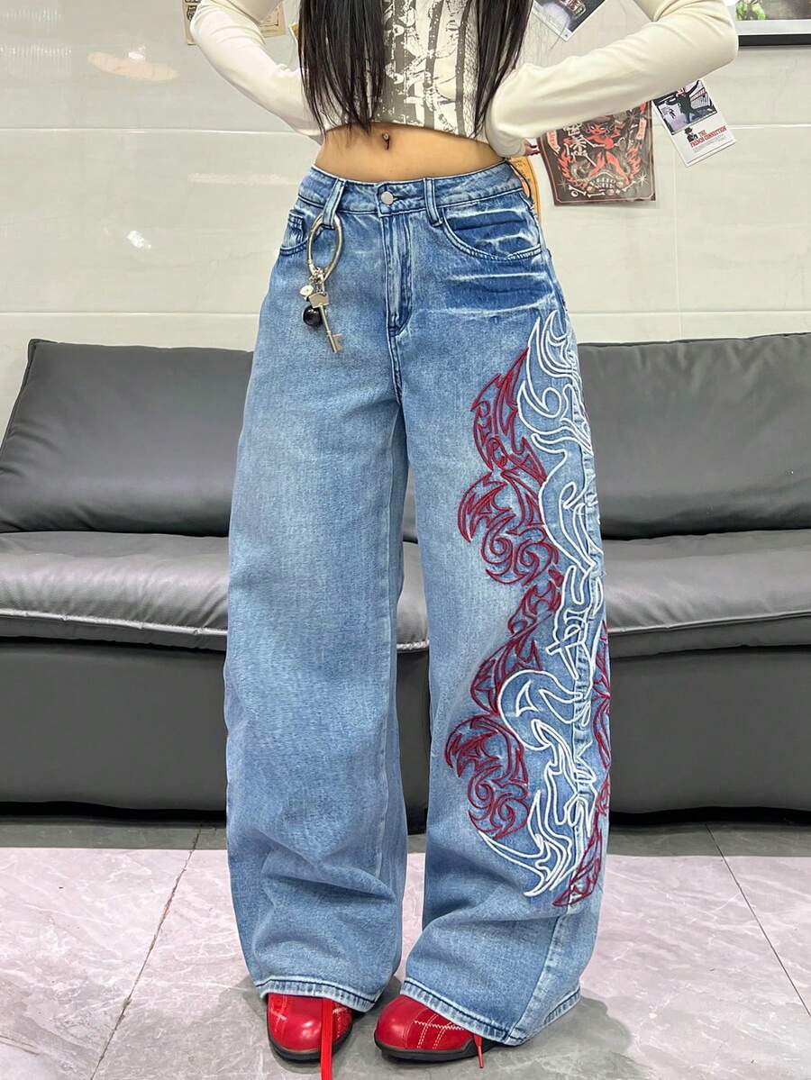 1件装女士宽松刺绣阔腿牛仔裤，舒适休闲高街时尚裤装（不含腰带/配饰）度假春季