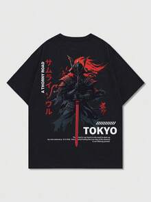 男士街头风宽松武士及英文印花圆领短袖T恤 | 精致设计 | 夏季必备 | 易于搭配 - 黑色 - 查看 5