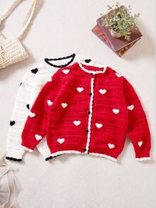 女孩时尚心形图案纽扣开衫